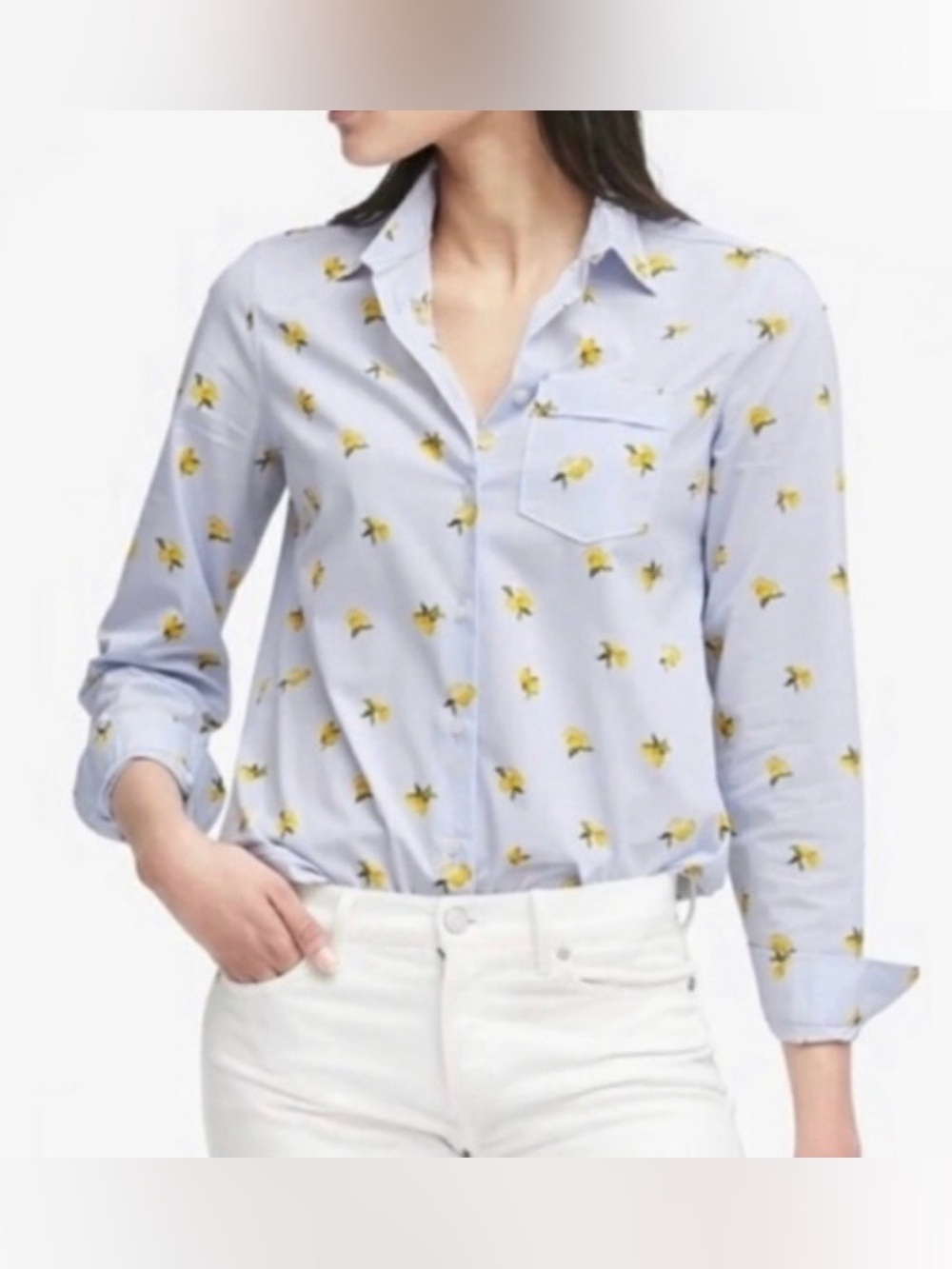 Banana Republic Light Blue Button-Down Shirt with Lemon Print